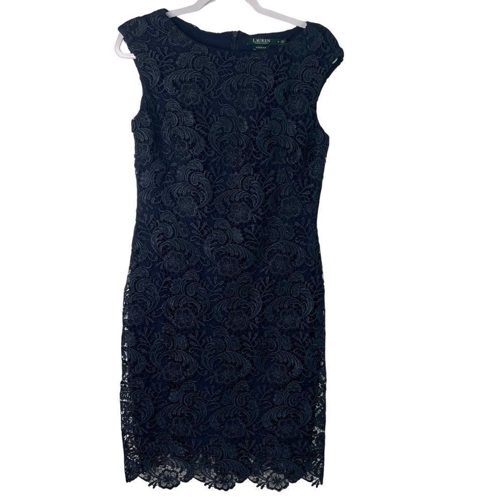 Ralph Lauren Lace Floral Sheath Dress Size 8 Navy Blue Midi Evening Elegant - Picture 8 of 11